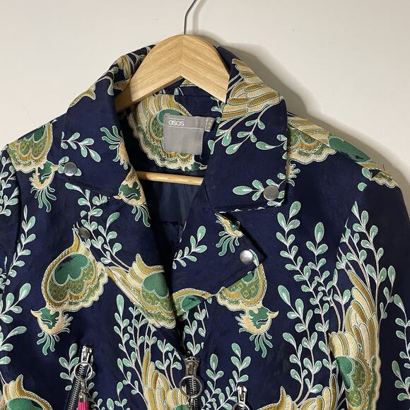 ASOS Blue Green Peacock Jacquard Biker Jacket Artsy Boho Art To Wear US Sz 4 - Picture 9 of 16